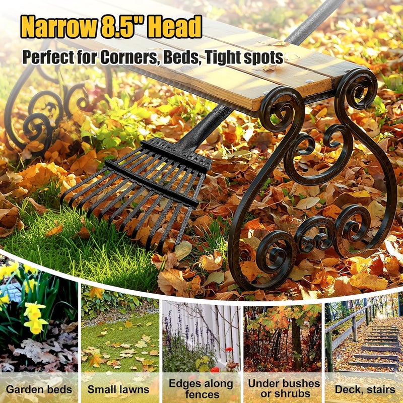Lilyvane Rake for Leaves: Small Metal Garden Rake, 8.5" Wide, 11 Metal Tines,Heavy Duty Lightweight Kids Leaf Rakes for Small Lawn Yard Shrub,Tight Spot Garden Bed Leaf Debris Picking Cleaning, 60” Long Handle - Image 5